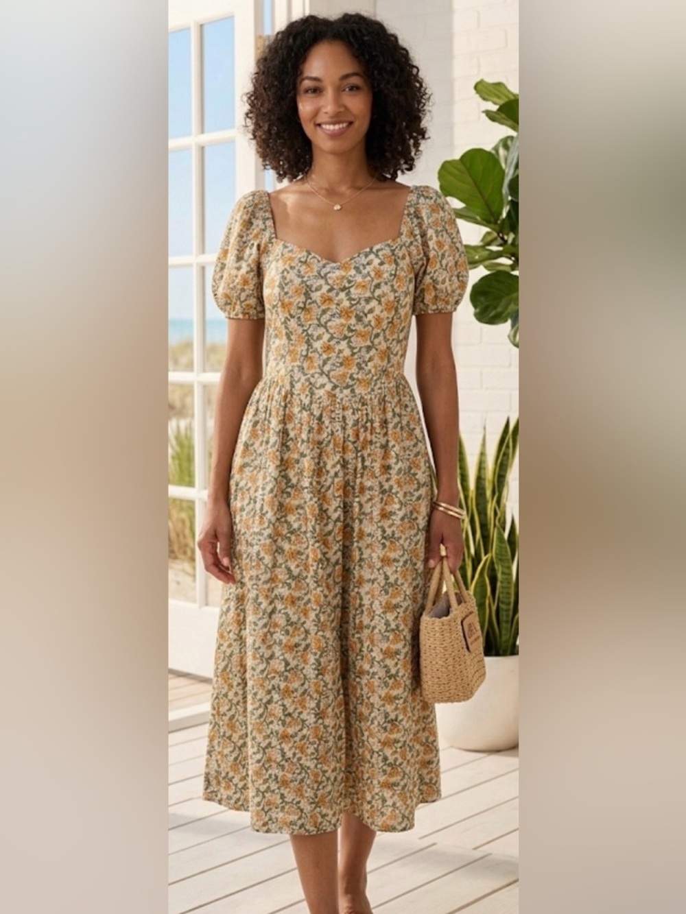 dRA Los Angeles Floral Puff-Sleeve Midi Dress in Cream and Mustard